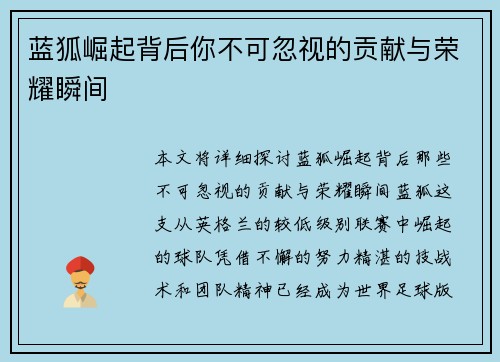 蓝狐崛起背后你不可忽视的贡献与荣耀瞬间