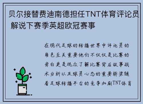 贝尔接替费迪南德担任TNT体育评论员 解说下赛季英超欧冠赛事
